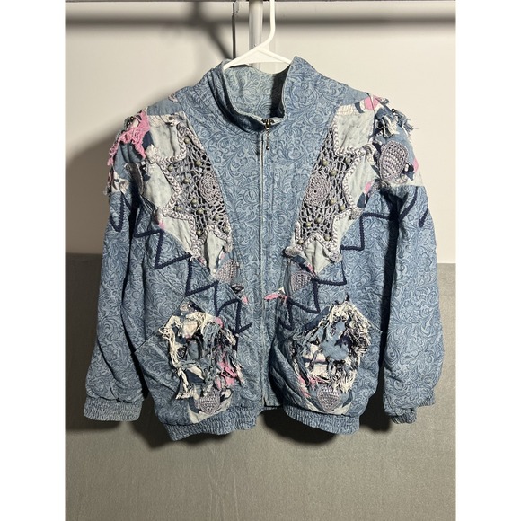 LIMS Jackets & Blazers - Vintage LIM'S Women's Bomber Jacket 80s Denim Patchwork Embellished Art-to-Wear